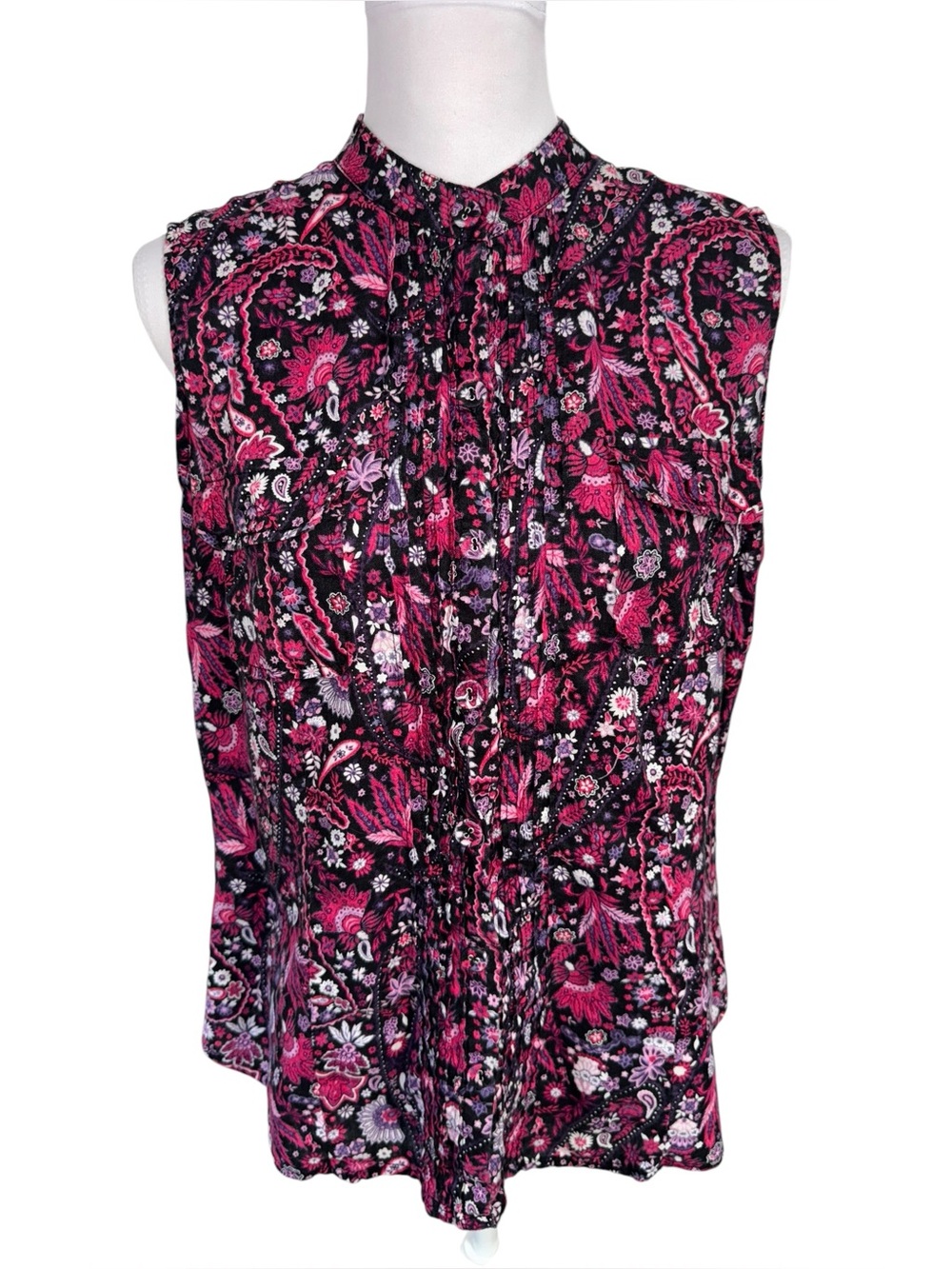 Charter Club 100% Linen Size 14 Paisley Floral Sleeveless Button Front Blouse